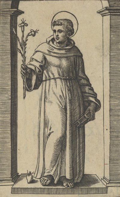 San Antonio de Padua de pie, lirios en su mano derecha levantada, un libro en su..., ca. 1500-1527 de Marcantonio Raimondi