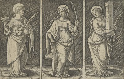 Santa Bárbara izquierda, Santa Catalina centro, Santa Lucía derecha, ca. 1500-1527 de Marcantonio Raimondi