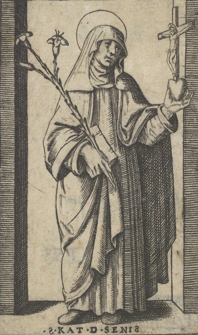 Santa Catalina de Siena de pie sosteniendo flores y un libro en su mano derecha, ca. 1500-1527 de Marcantonio Raimondi