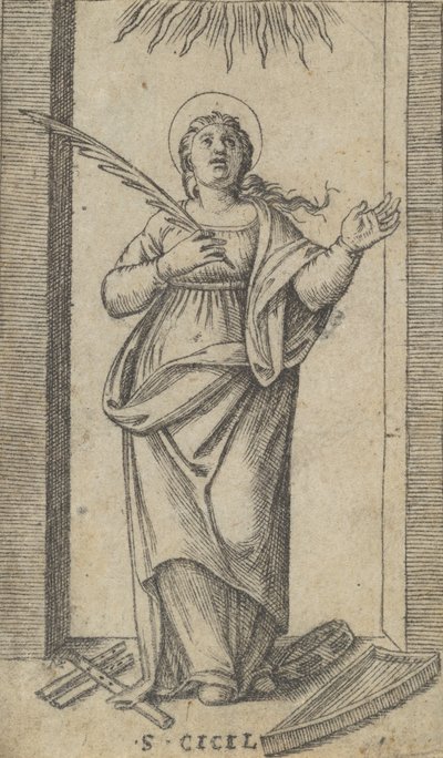 Santa Cecilia de pie sosteniendo una palma de martirio en su mano derecha, de la serie de Marcantonio Raimondi