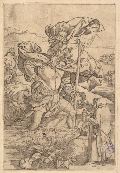 San Cristóbal cruzando el río con Cristo en forma de putto en su hombro, ca. 1500-1534 de Marcantonio Raimondi