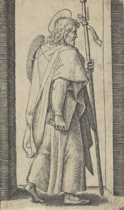 Santiago el Mayor, libro en su mano derecha, bastón en su mano izquierda mirando a la derecha, ca. 1500-1527 de Marcantonio Raimondi