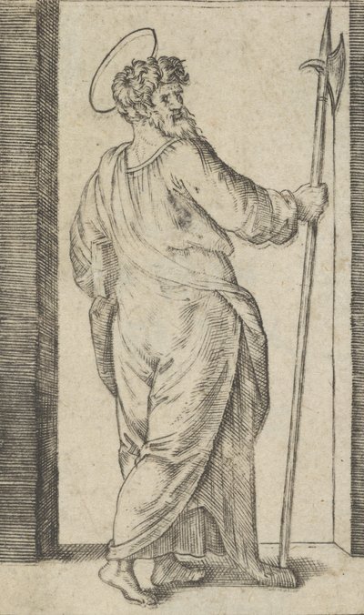 San Judas, sosteniendo una alabarda en su mano derecha, de la serie 