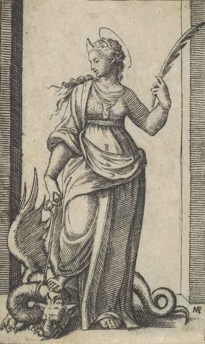 Santa Margarita de pie, un dragón a la izquierda, de la serie 
