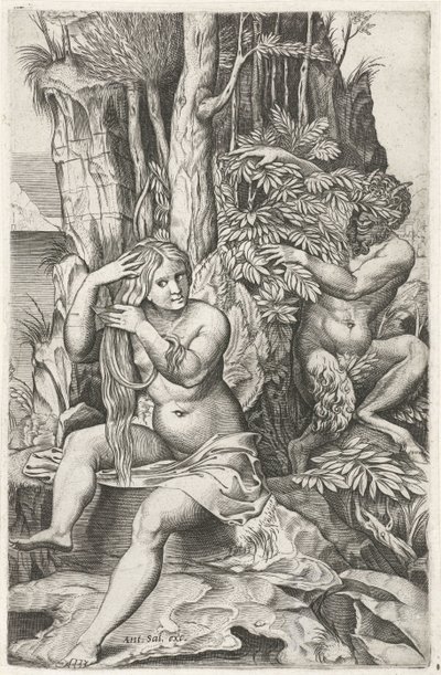 Satyr espiando a una ninfa en su baño Pan y Syringe de Marcantonio Raimondi