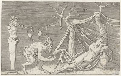 Sátiro acecha a una ninfa dormida Representaciones mitológicas a partir de antiguos bajorrelieves (título de la serie) de Marcantonio Raimondi