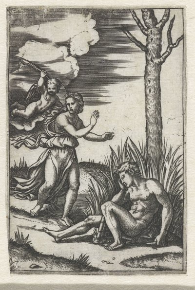 Hombre dormido y ninfa perseguidos por Amor de Marcantonio Raimondi