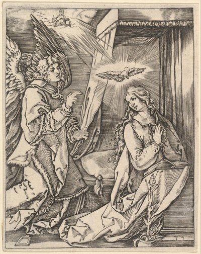La Anunciación, a la izquierda el arcángel Gabriel se acerca a la Virgen orante..., ca. 1500-1534 de Marcantonio Raimondi