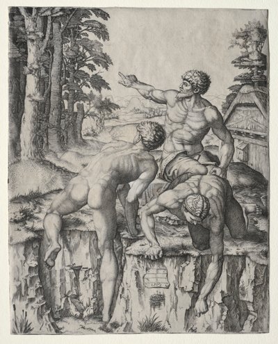 Los escaladores Tres figuras de la Batalla de Cascina de Miguel Ángel, 1510 de Marcantonio Raimondi