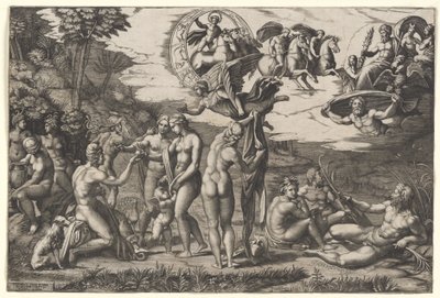 El Juicio de París: está sentado a la izquierda con Venus, Juno y Palas Atenea, una victoria alada encima, c.1510-20 (grabado) de Marcantonio Raimondi