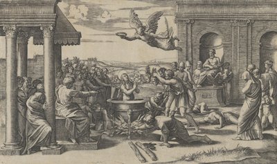 El martirio de Santa Cecilia de pie desnuda en un gran caldero de Marcantonio Raimondi