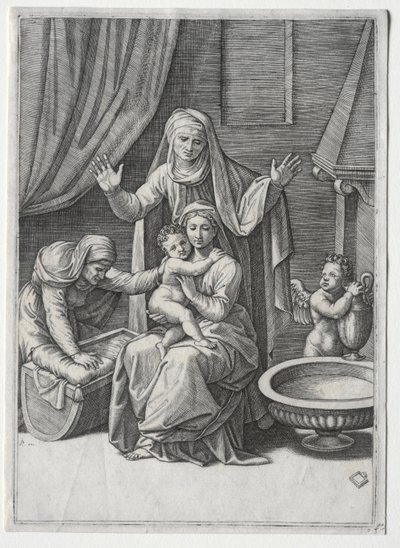 La Virgen y la cuna con Santa Isabel y Santa Ana, 1520 de Marcantonio Raimondi
