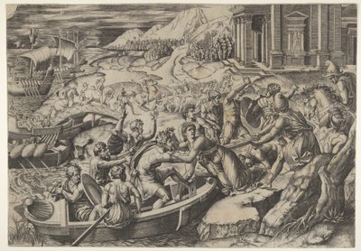 El rapto de Helena, escena de batalla en una orilla con dos hombres llevando a Helena a un b... de Marcantonio Raimondi