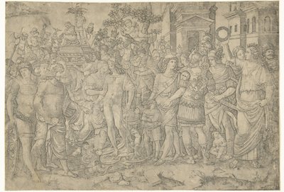 Procesión triunfal del emperador romano con soldados y armaduras saqueadas de Marcantonio Raimondi