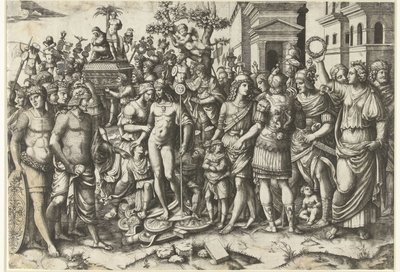 Procesión triunfal del emperador romano con soldados y armaduras saqueadas de Marcantonio Raimondi
