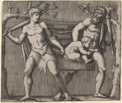 Dos faunos llevando a un niño de Marcantonio Raimondi