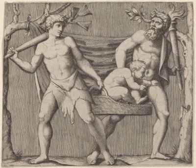 Dos faunos llevando a un niño de Marcantonio Raimondi