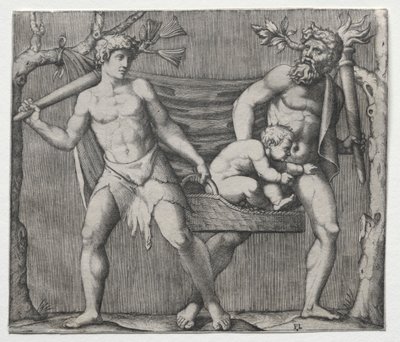Two Fauns Carrying a Child in a Basket de Marcantonio Raimondi