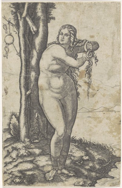 Venus se para al borde del agua y exprime el agua de su cabello. nacimiento de venus de Marcantonio Raimondi