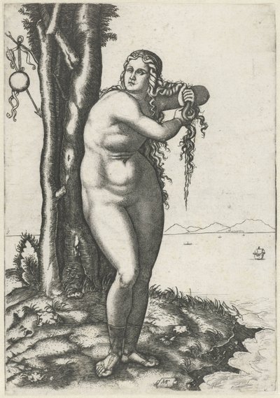 Venus se para al borde del agua y exprime el agua de su cabello. nacimiento de venus de Marcantonio Raimondi