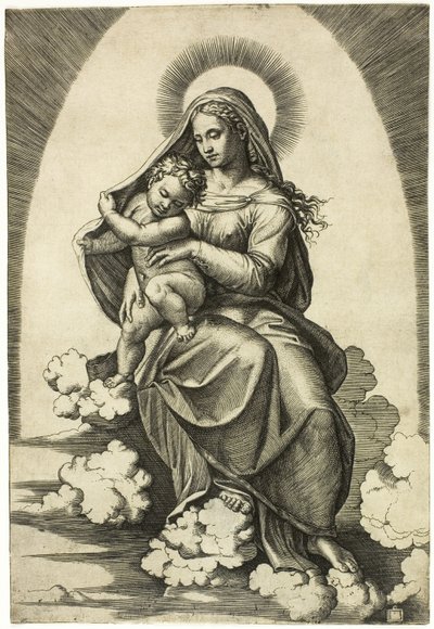 Virgen y Niño sentados en las nubes de Marcantonio Raimondi