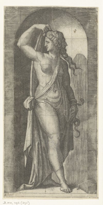 Mujer como personificación de Prudentia con serpiente y máscara Siete virtudes (título de la serie) de Marcantonio Raimondi