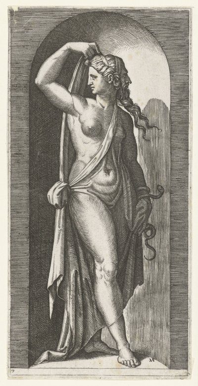 Mujer como personificación de la Prudencia (Prudentia) con serpiente y máscara
Siete Virtudes (título de la serie) de Marcantonio Raimondi