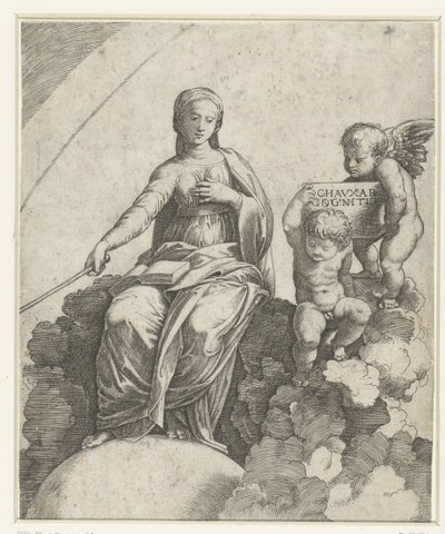 Mujer con libro y cetro como personificación de la Filosofía sentada sobre nubes y pies descansando sobre globo con dos amorcillos a su lado de Marcantonio Raimondi