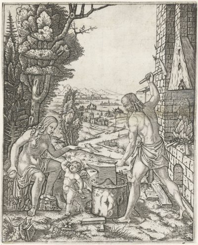 Vulcano forja flechas y alas para Amor en presencia de Venus de Marcantonio Raimondi