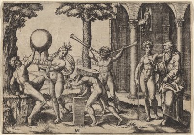 El hombre con dos trompetas de Marcantonio Raimondi after Baccio Bandinelli