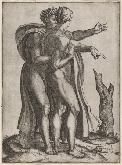 Dos hombres desnudos de Marcantonio Raimondi after Michelangelo