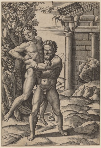 Hércules y Anteo de Marcantonio Raimondi, after Raphael