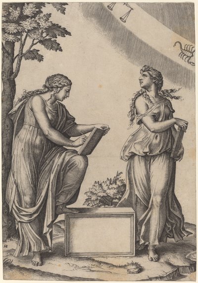 Dos mujeres con el zodiaco de Marcantonio Raimondi after Raphael