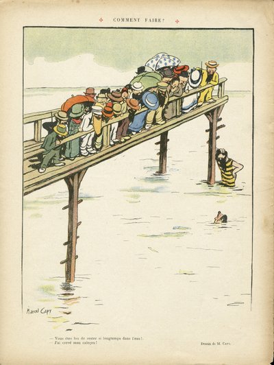 Ilustración de Marcel Capy (1865-1941) en Le Rire, 24/08/12 - Cómo hacerlo? - Ocio, Arquitectura Urbanística, Marina, Natación, Multitud de Marcel Amable O.L. Capy