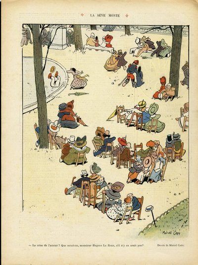 Ilustración de Marcel Capy (1865-1941) en Le Rire, 02/05/08 - La savia sube - Amor, Jardín Público, Árbol de Marcel Amable O.L. Capy