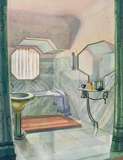 Cuarto de baño diseñado por Marcel Dalmas, de "Interieurs en Couleurs", publicado en 1925 (litografía en color) de Marcel Dalmas
