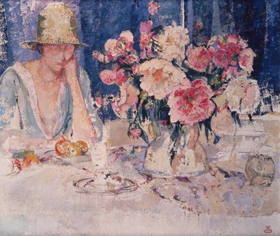 Mujer en la mesa cargada de flores (óleo sobre lienzo) de Marcel Jefferys