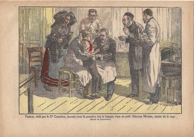 Pasteur, asistido por el Dr. Grancher, inoculó por primera vez el famoso virus en el pequeño amo alsaciano, infectado de rabia., Le Pèlerin, 5/11/1922 (impresión) de Marcel Lecoultre