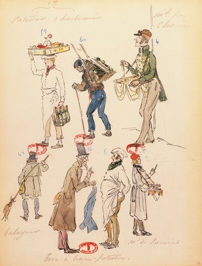 Francia, París, boceto de vestuario para los figurantes de la ópera La boheme de Giacomo Puccini (1858-1924), representación en la Ópera Cómica de París, 13 de junio. de Marcel Multzer