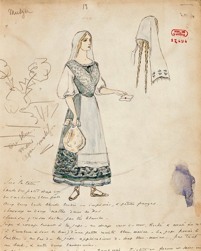 Francia, París, Boceto del vestuario de Michaela para Carmen de Georges Bizet de Marcel Multzer