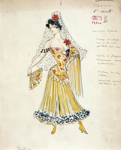 Francia, París, Boceto de traje para bailarinas de flamenco para Carmen de Georges Bizet de Marcel Multzer