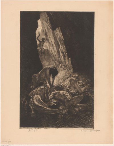 Interior de una cueva oscura con criaturas devorando a un hombre desnudo
Guet-apens (título en el objeto) de Marcel Roux (signed by artist)