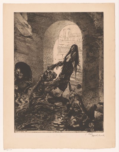 El monstruo agarra a una mujer de pie en la puerta
Offrande à Moloch (título en el objeto)
Girl of pleasure (título de la serie)
Fille de Joïe (título de la serie en el objeto) de Marcel Roux (signed by artist)