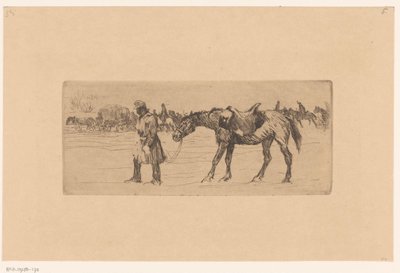 Paisaje nevado con desfile de soldados y caballos de Marcel Roux