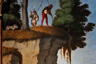 Escena de caza, detalle de la Adoración de los Reyes Magos de Marcello Fogolino