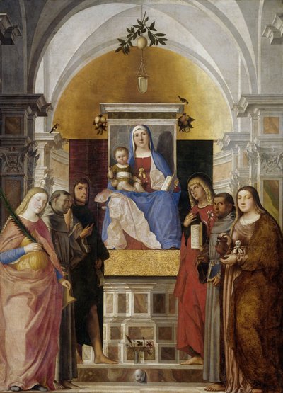 La Virgen con el Niño con los santos Catalina, Francisco de Asís, Juan Bautista, Juan Evangelista, Antonio de Padua y María Magdalena de Marcello Fogolino