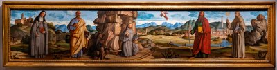 San Francisco recibe los estigmas entre Santa Clara y Pedro, el beato Bartolomeo de Breganze y San Pablo y Bernardino de Marcello Fogolino