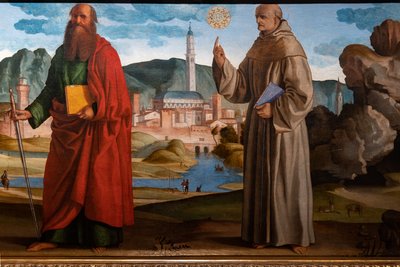 San Francisco recibiendo los estigmas entre Santa Clara y Pedro, el beato Bartolomeo de Breganze y San Pablo y Bernardino, detalle de Marcello Fogolino