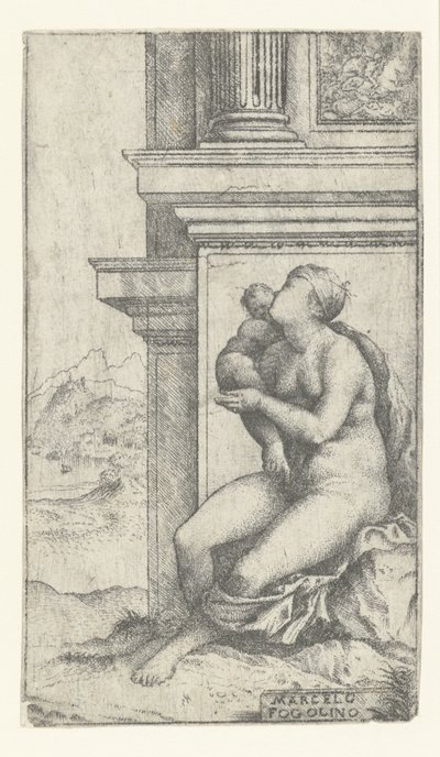 mujer, con, niño, sentado, en, edificio clásico de Marcello Fogolino