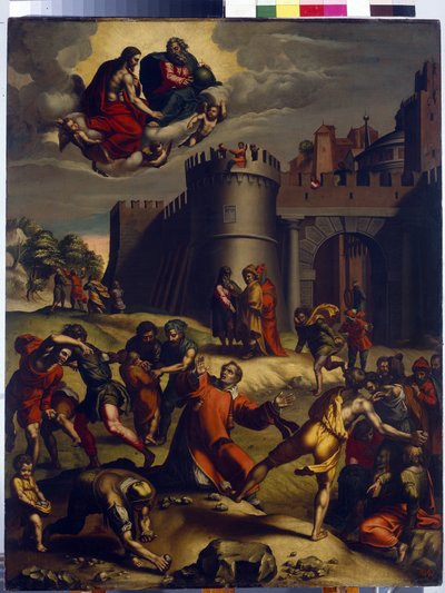 El martirio de San Esteban. (El martirio de San Esteban). El primer diácono de la iglesia cristiana, Esteban (martirizado en el año 35), fue apedreado a las afueras de la ciudad de Jerusalén y durante su tortura, fue testigo de un milagro, Dios y Jesucrist de Marcello Venusti
